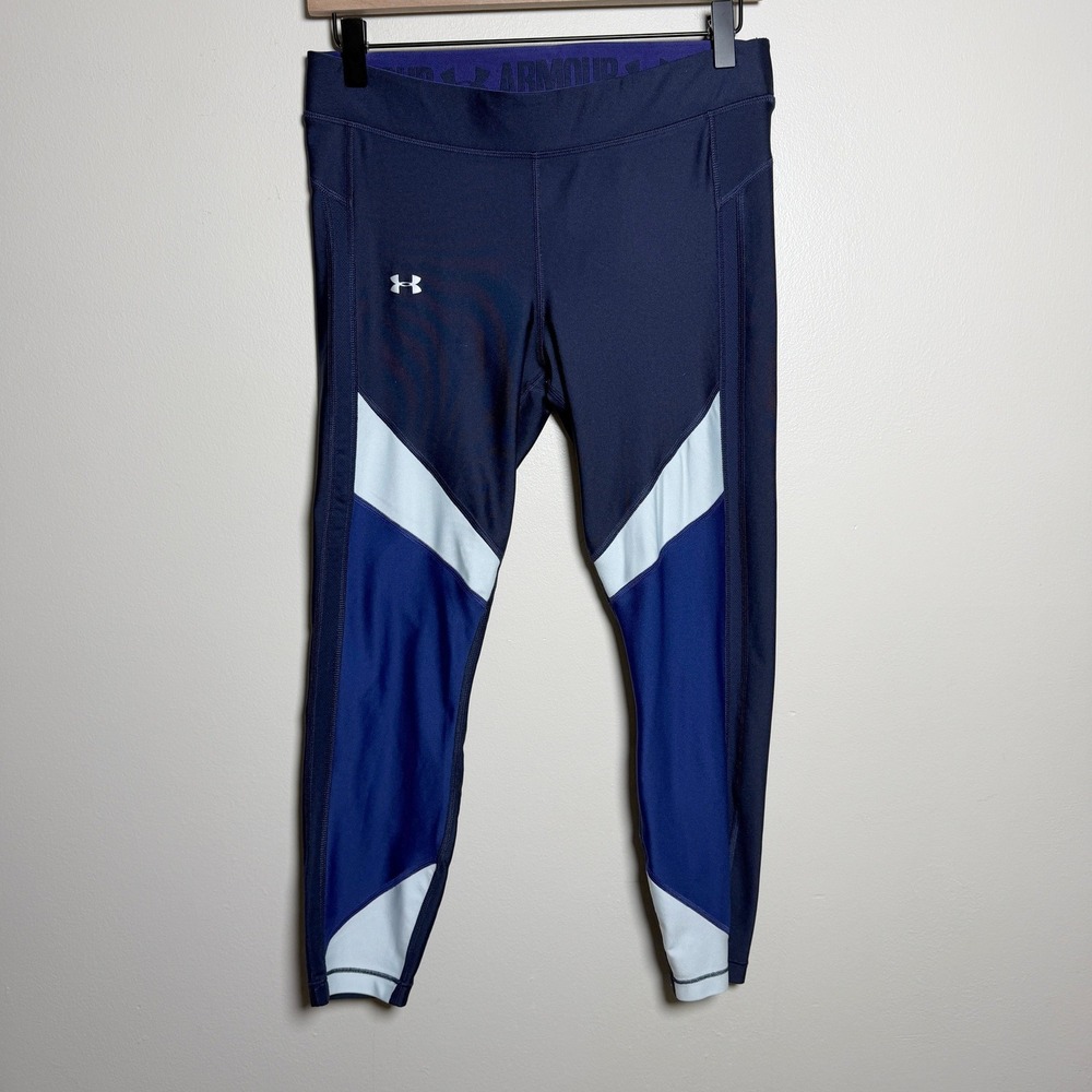 Under Armour Women Leggings Navy Blue Colorblock Compression Athletic Yoga Gym